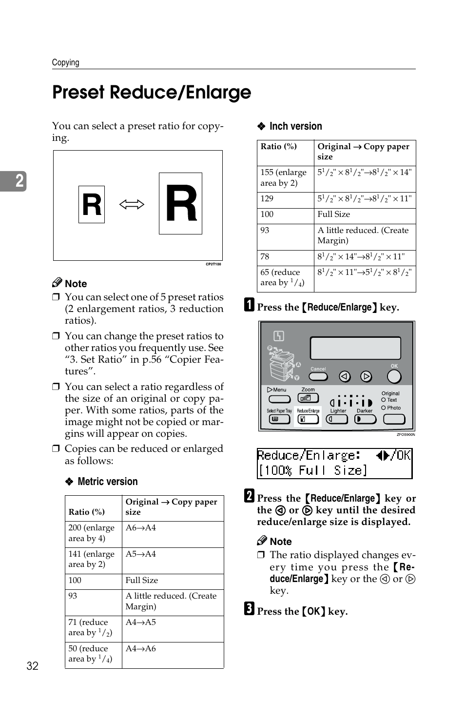 2preset reduce/enlarge, Metric version ❖ ❖ ❖ ❖ inch version | Savin 2513f User Manual | Page 45 / 89
