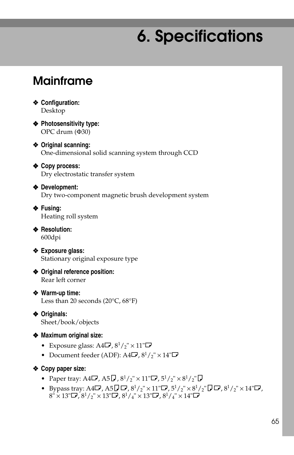 Specifications, Mainframe | Savin 2513f User Manual | Page 78 / 89