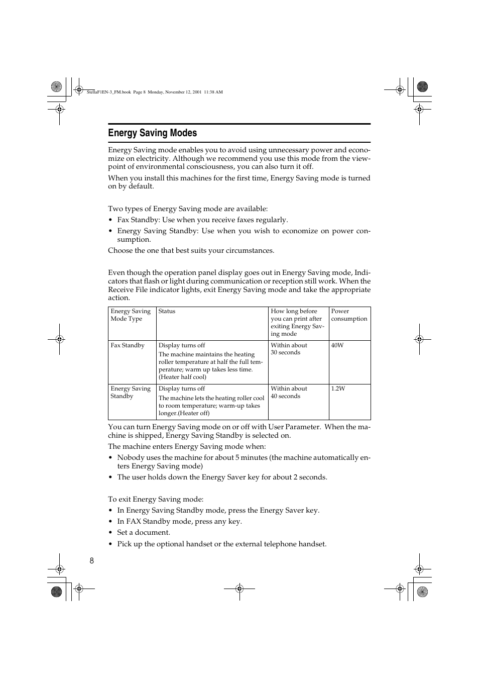 Energy saving modes | Savin 3725 User Manual | Page 14 / 86