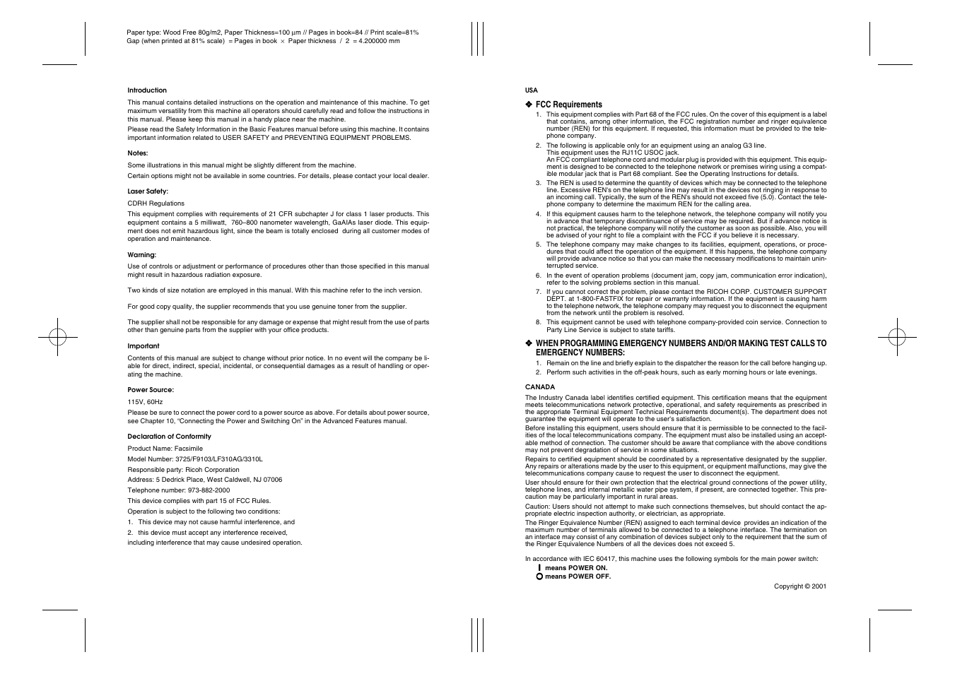 Fcc requirements | Savin 3725 User Manual | Page 2 / 86