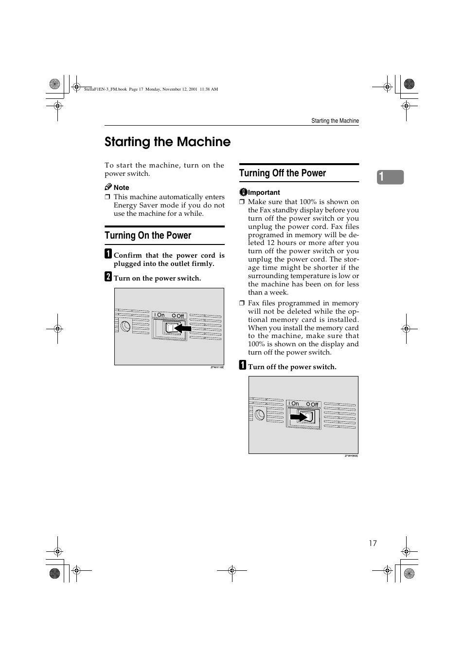 1starting the machine, Turning on the power, Turning off the power | Savin 3725 User Manual | Page 23 / 86