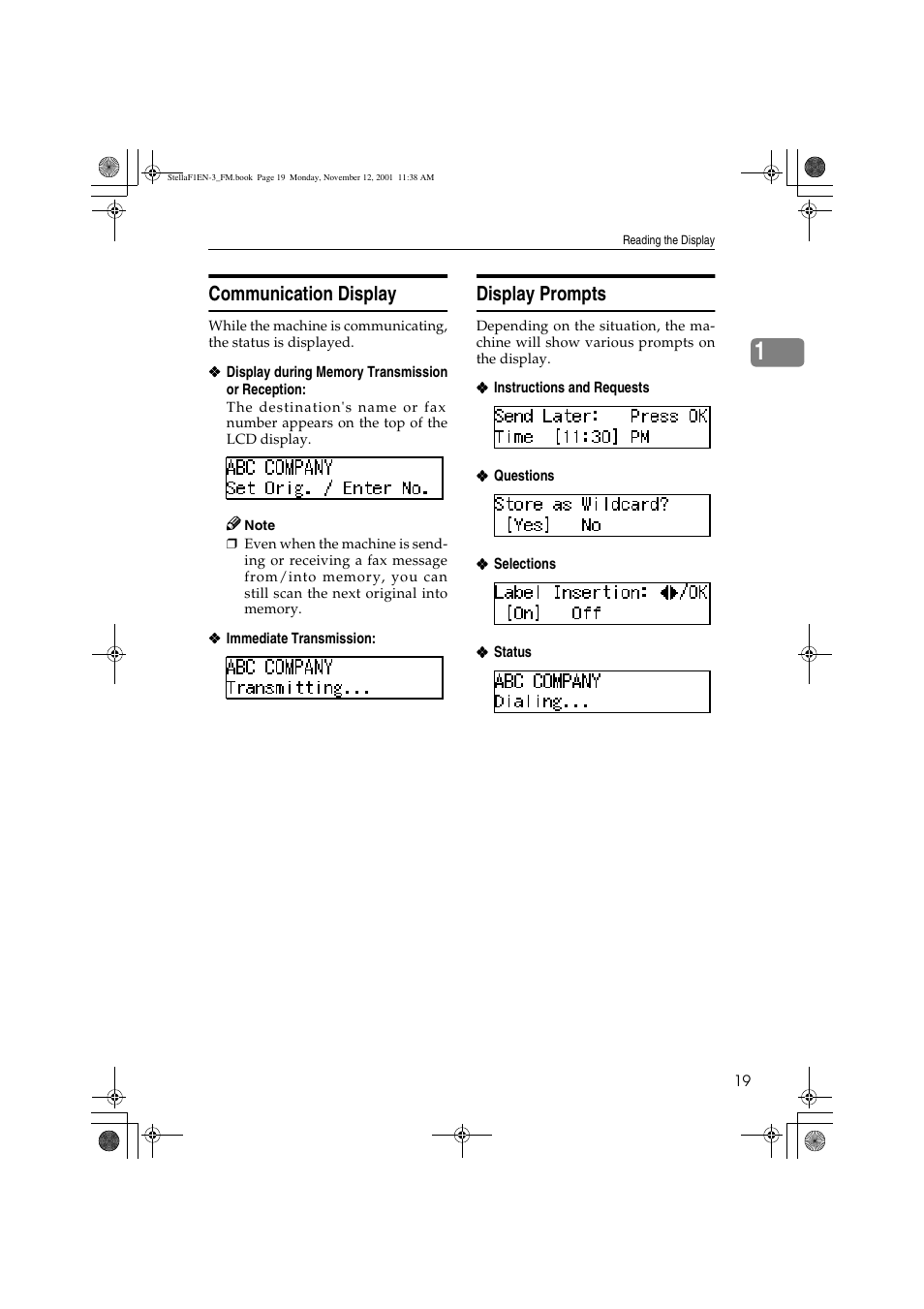 Communication display, Display prompts | Savin 3725 User Manual | Page 25 / 86
