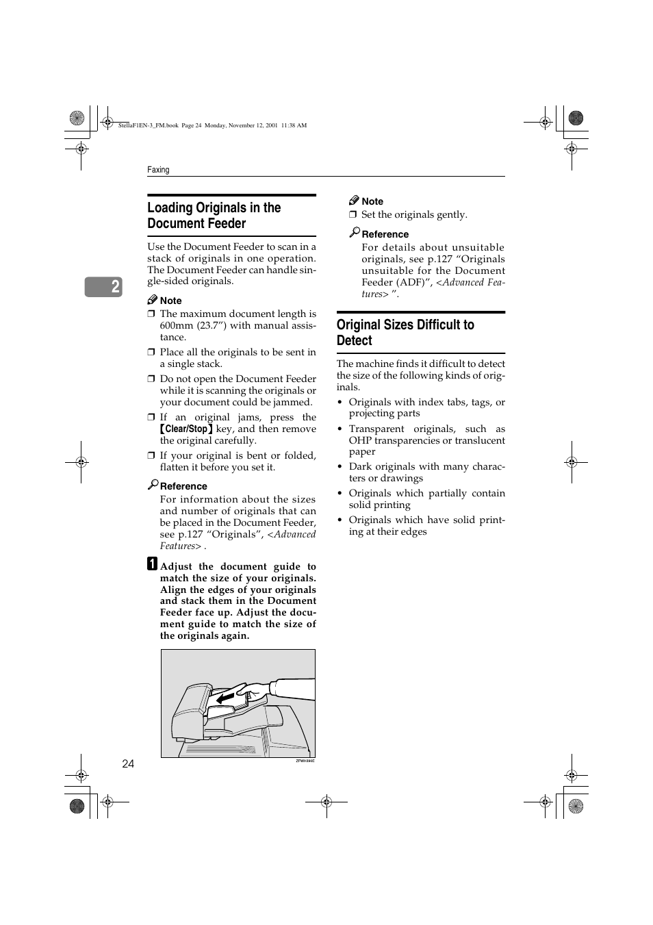 Loading originals in the document feeder, Original sizes difficult to detect | Savin 3725 User Manual | Page 30 / 86