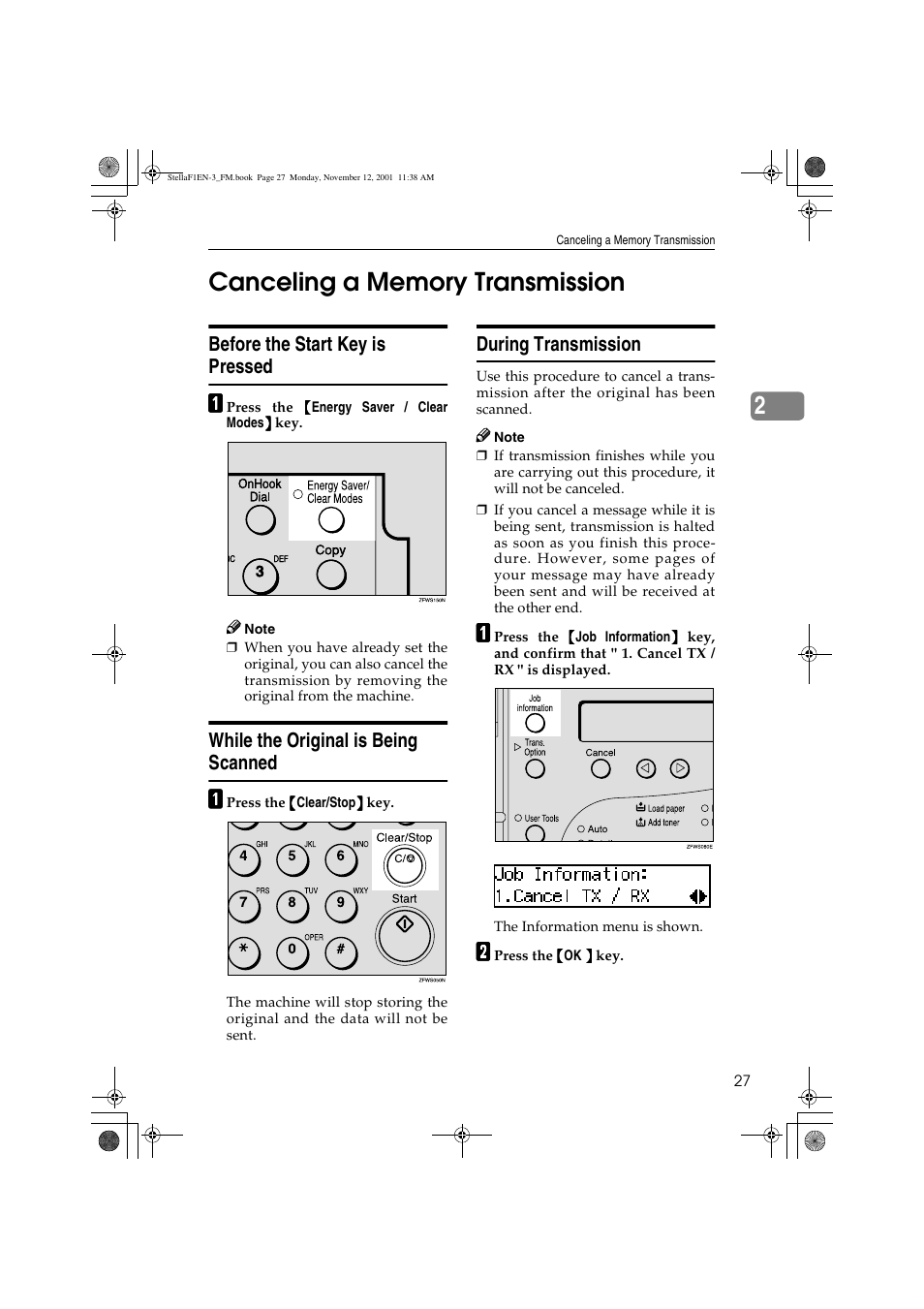 Before the start key is pressed, While the original is being scanned, During transmission | Savin 3725 User Manual | Page 33 / 86