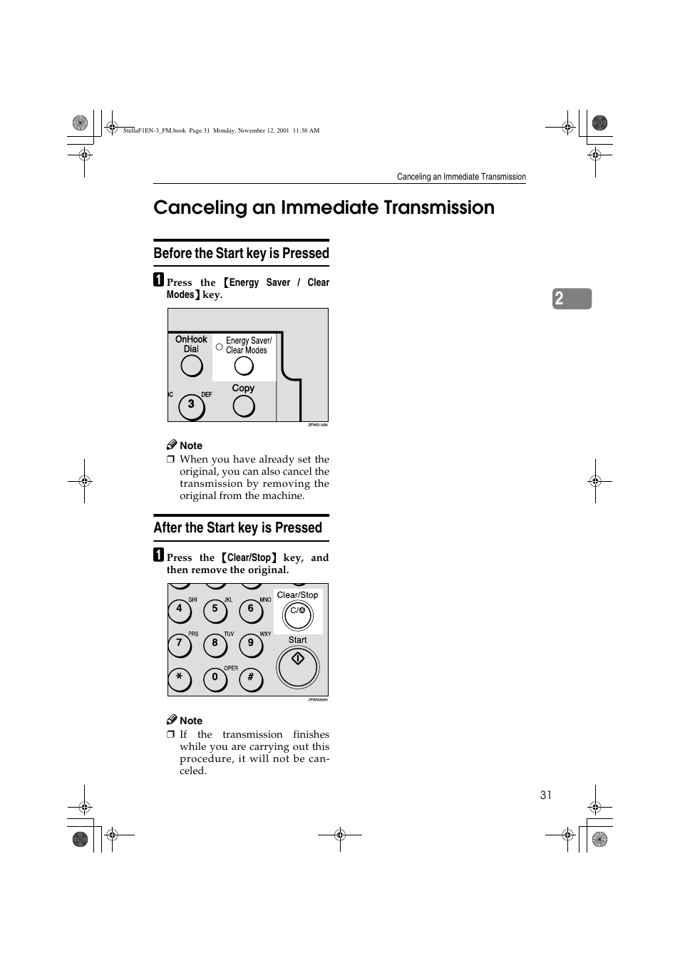 2canceling an immediate transmission, Before the start key is pressed, After the start key is pressed | Savin 3725 User Manual | Page 37 / 86