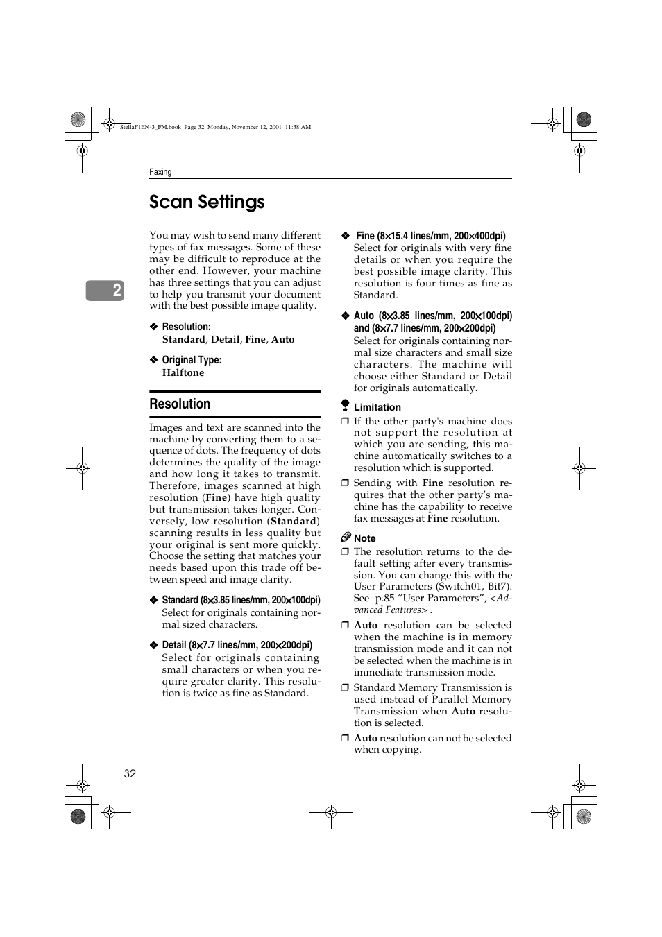 2scan settings, Resolution | Savin 3725 User Manual | Page 38 / 86