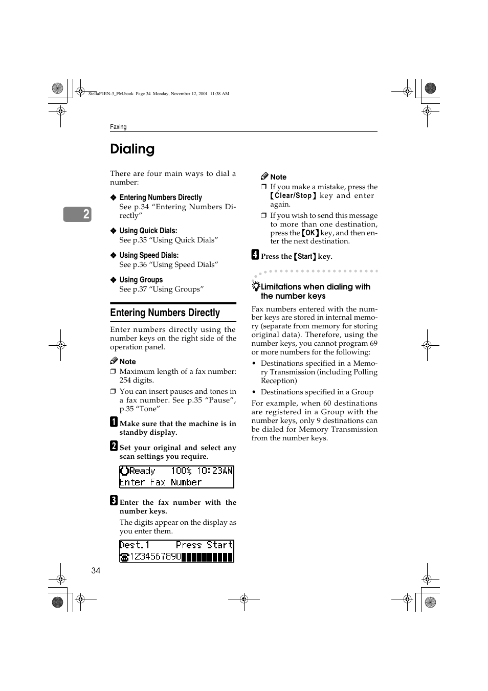 2dialing, Entering numbers directly | Savin 3725 User Manual | Page 40 / 86