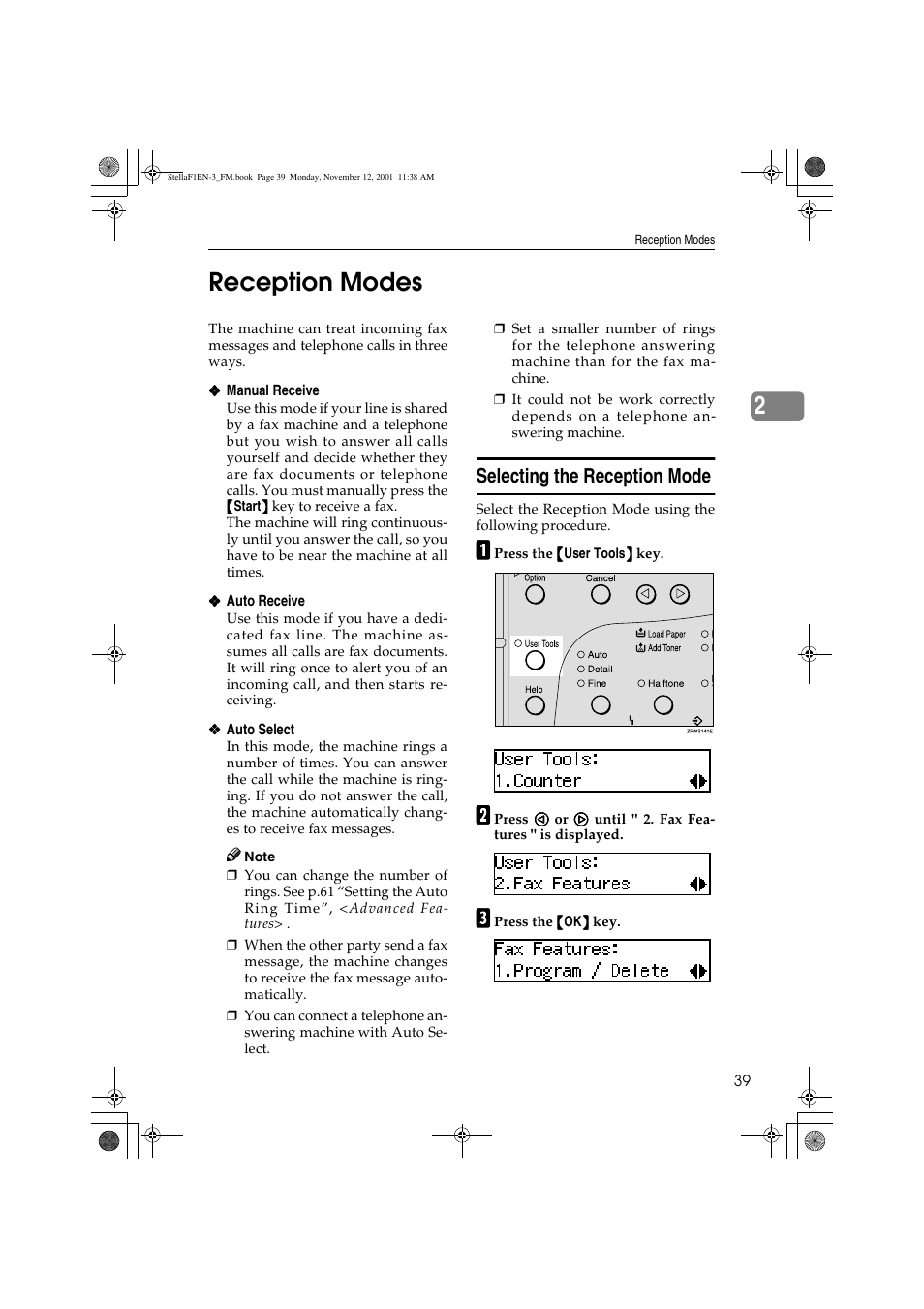2reception modes, Selecting the reception mode | Savin 3725 User Manual | Page 45 / 86