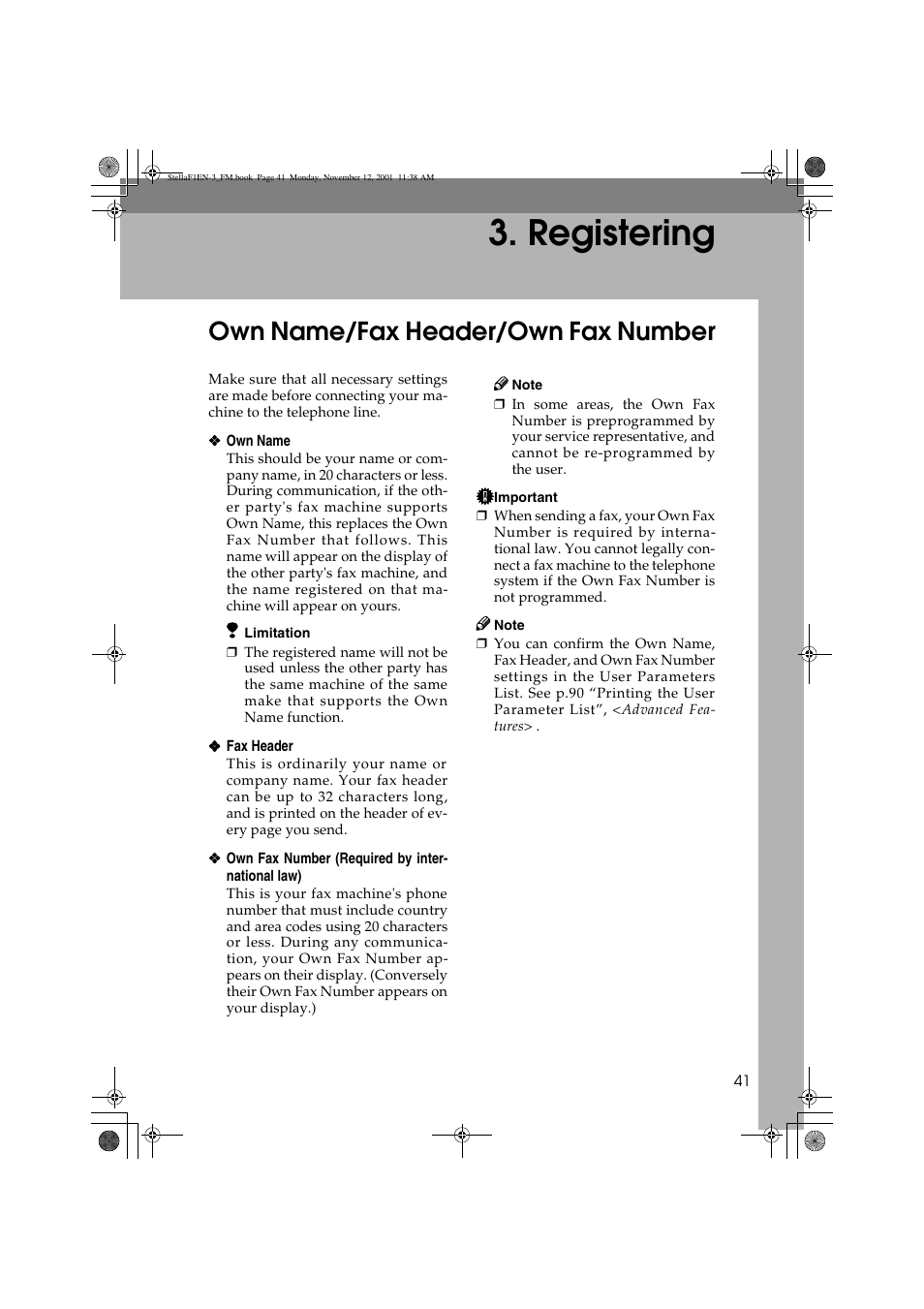 Registering, Own name/fax header/own fax number | Savin 3725 User Manual | Page 47 / 86