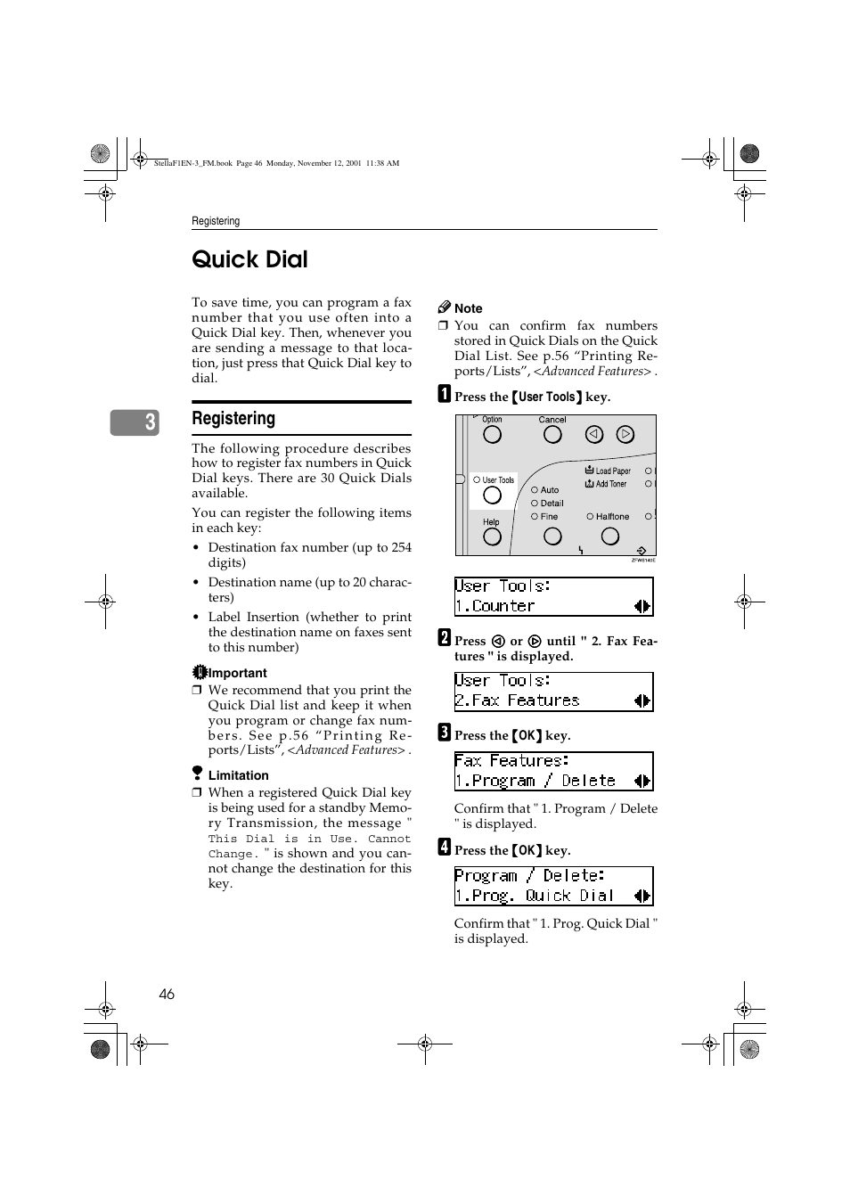 3quick dial, Registering | Savin 3725 User Manual | Page 52 / 86