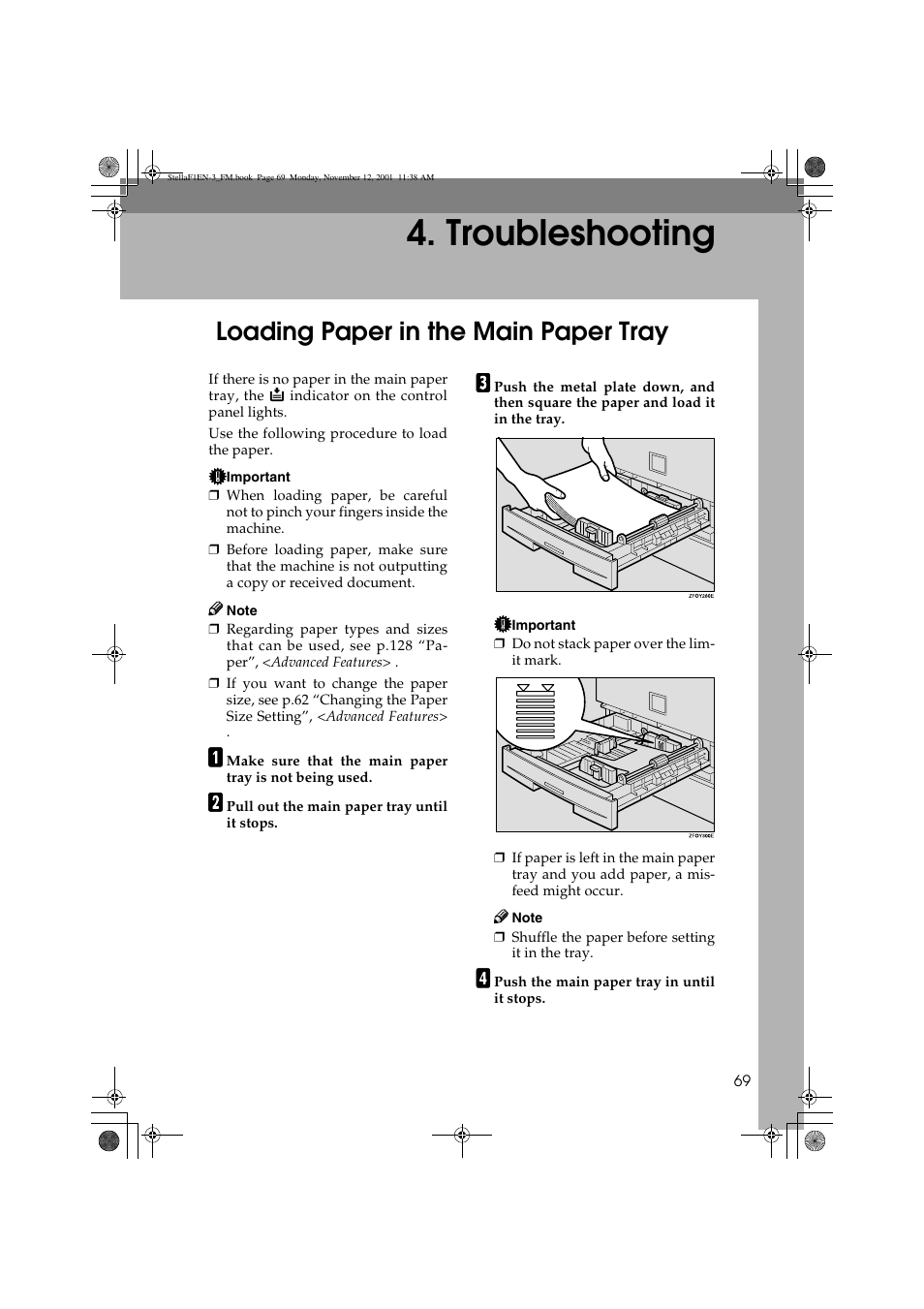 Troubleshooting, Loading paper in the main paper tray | Savin 3725 User Manual | Page 75 / 86