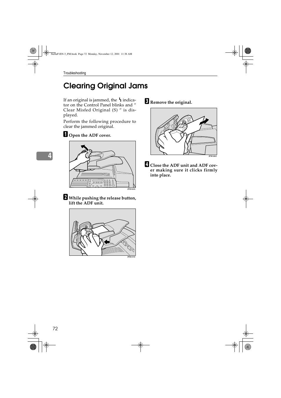 4clearing original jams | Savin 3725 User Manual | Page 78 / 86