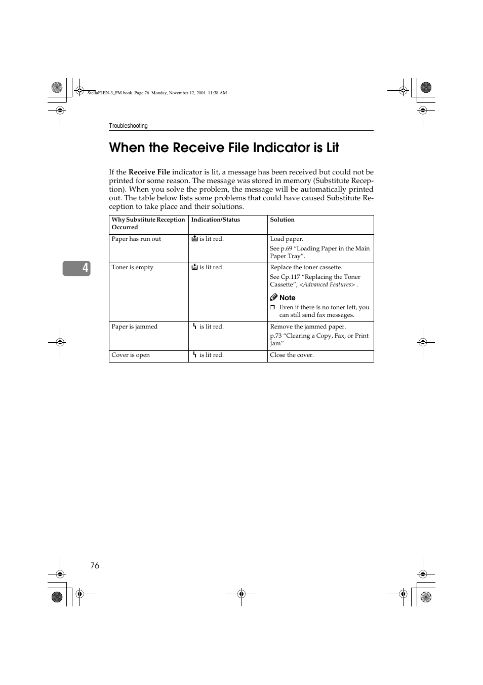 4when the receive file indicator is lit | Savin 3725 User Manual | Page 82 / 86