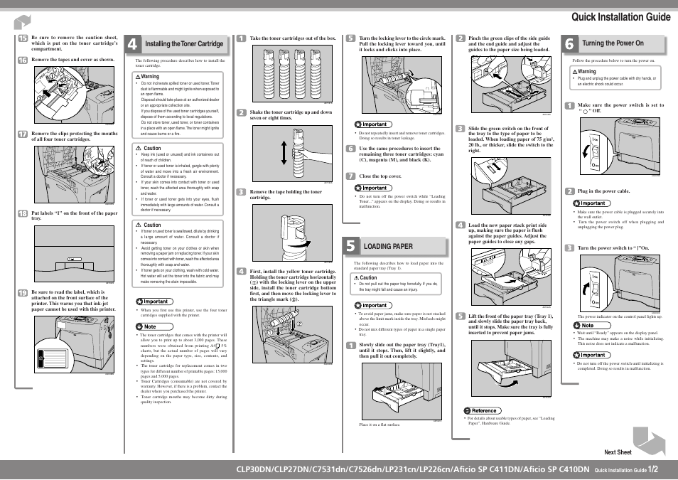 Quick inst allation guide, Installing the toner cartridge, Turning the power on | Loading paper | Savin LP226cn User Manual | Page 2 / 4