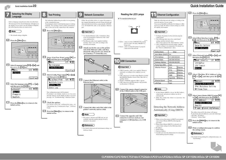 Quick insta llation guide, Reading the led lamps, Usb connection | Selecting the display language, Test printing, Network connection, Ethernet configuration | Savin LP226cn User Manual | Page 3 / 4