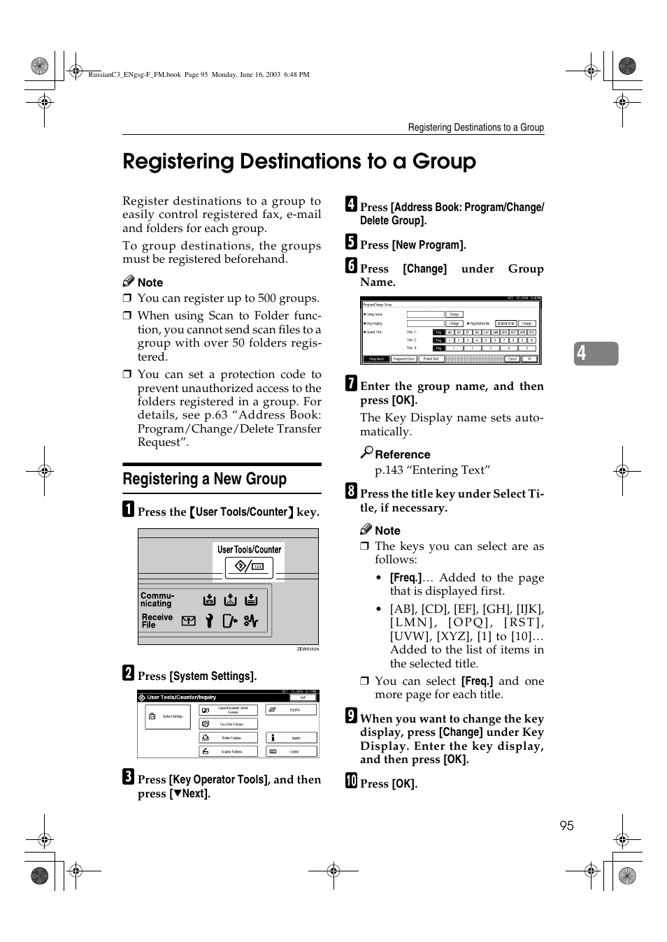 4registering destinations to a group, Registering a new group | Savin 2022 User Manual | Page 107 / 188