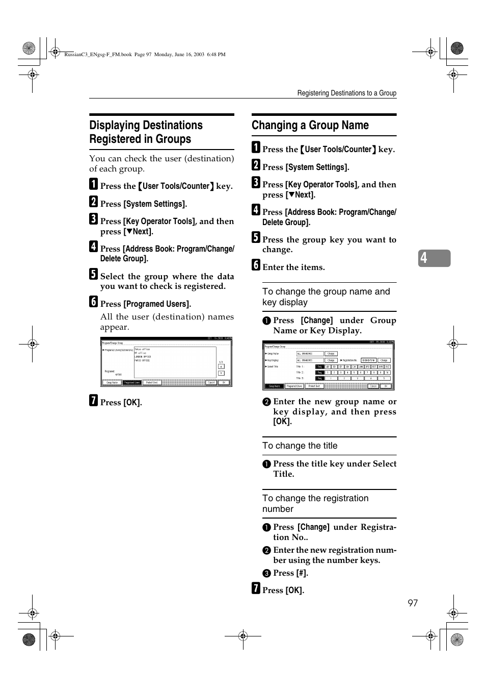 Displaying destinations registered in groups, Changing a group name | Savin 2022 User Manual | Page 109 / 188