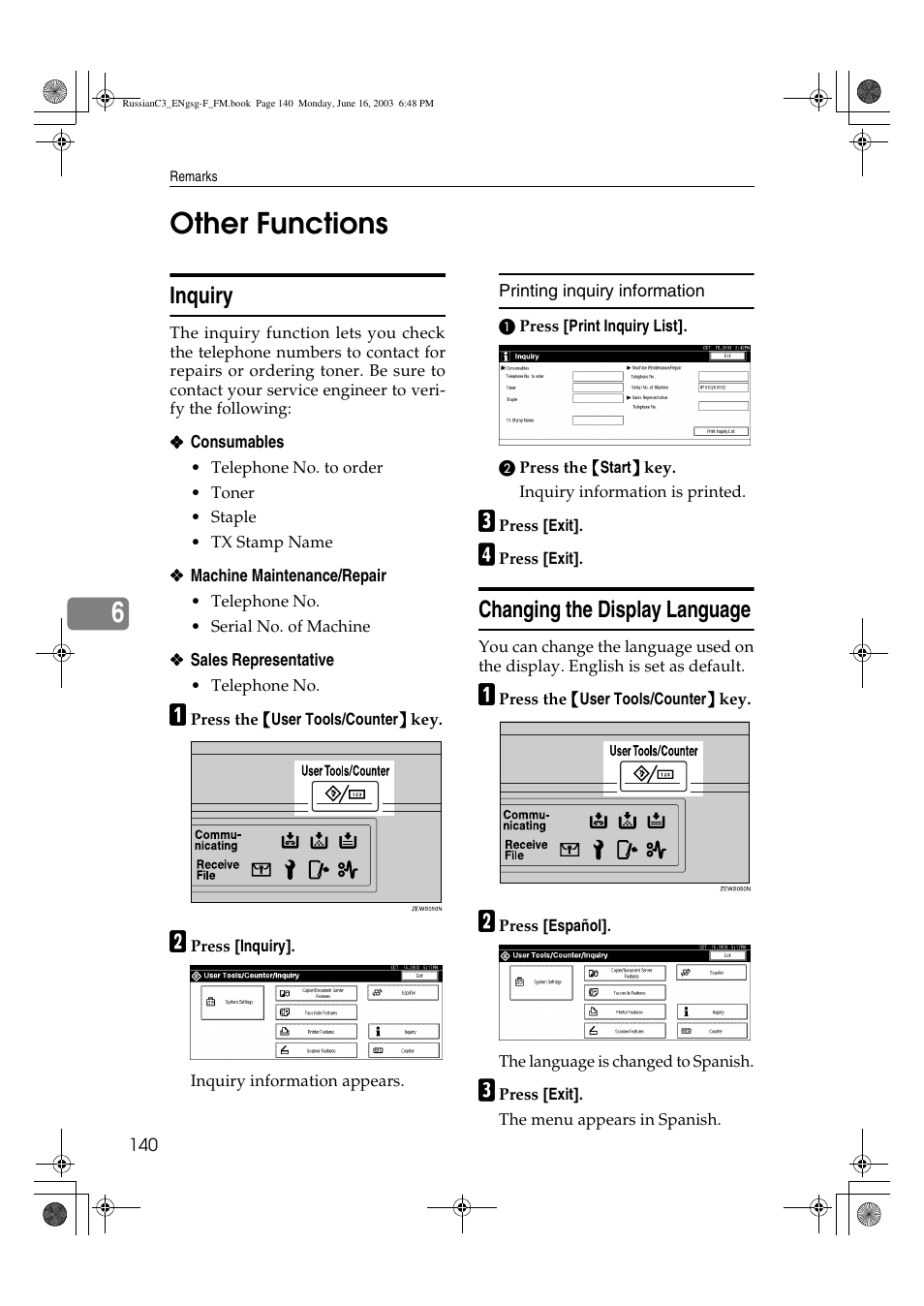 6other functions, Inquiry, Changing the display language | Savin 2022 User Manual | Page 152 / 188