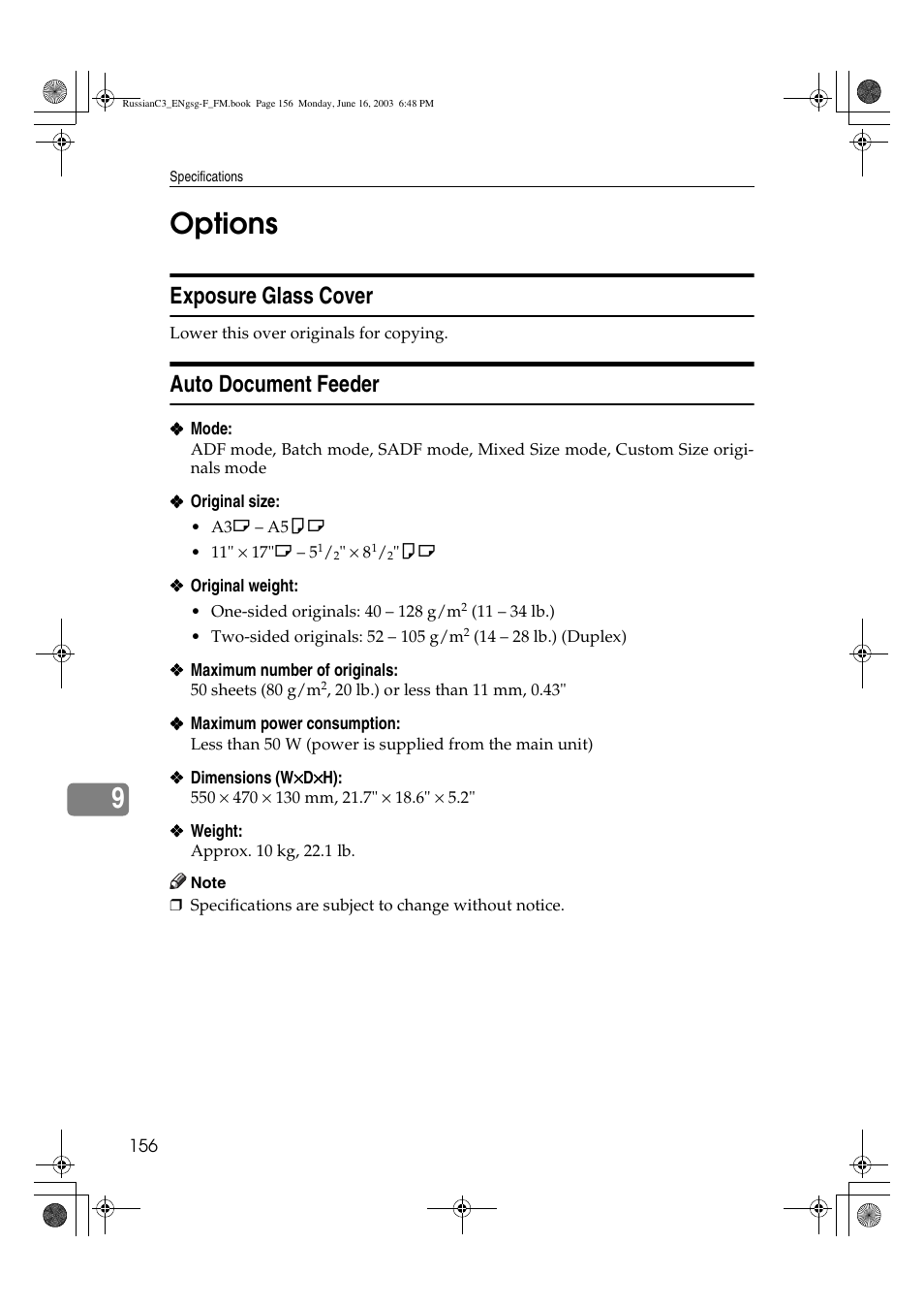 9options, Exposure glass cover, Auto document feeder | Savin 2022 User Manual | Page 168 / 188