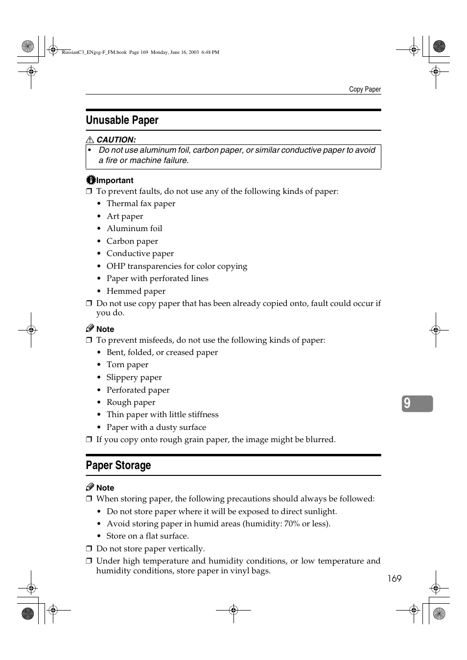 Unusable paper, Paper storage | Savin 2022 User Manual | Page 181 / 188