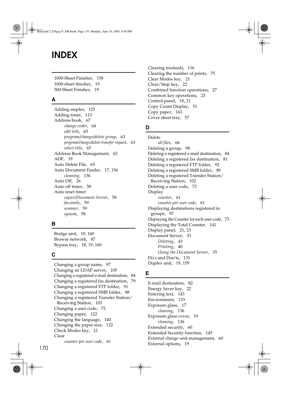 Index | Savin 2022 User Manual | Page 182 / 188