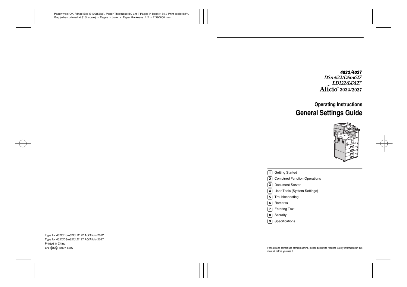 General settings guide, Operating instructions | Savin 2022 User Manual | Page 188 / 188