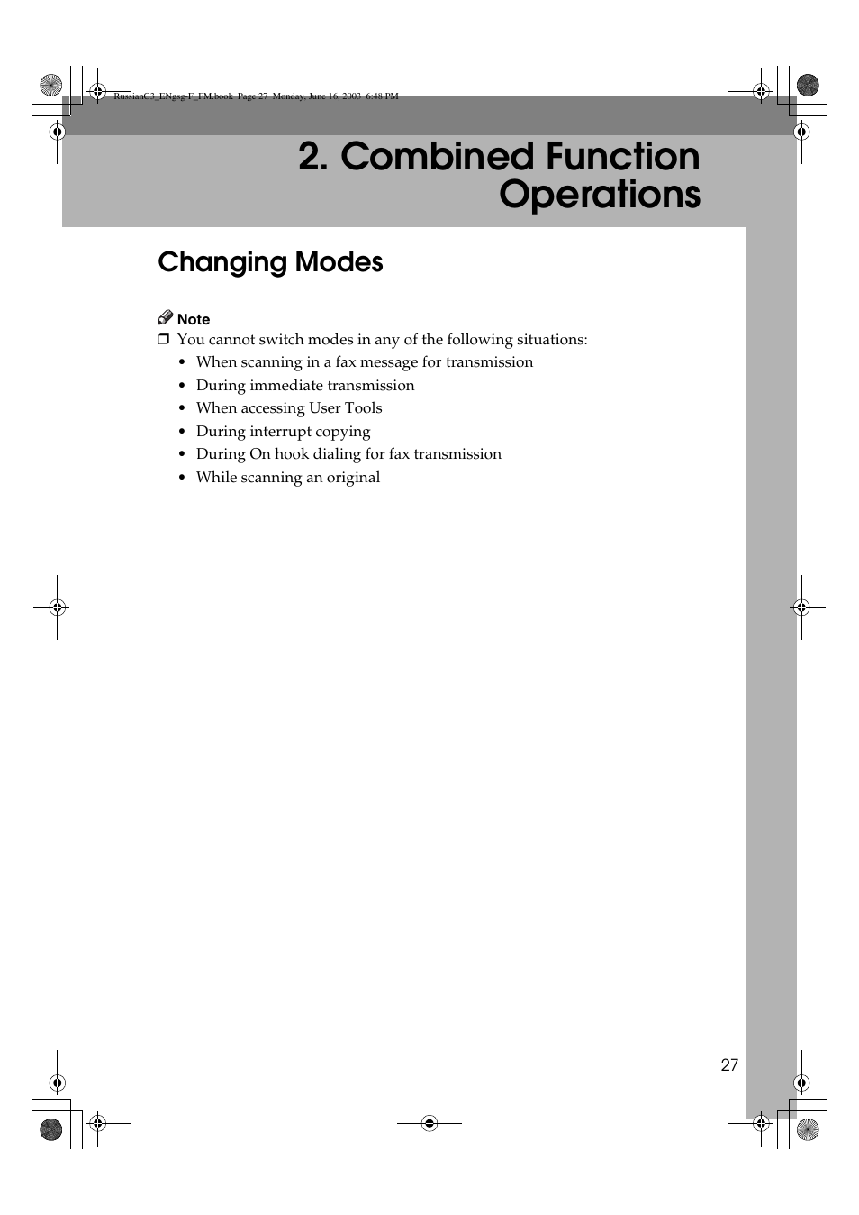 Combined function operations, Changing modes | Savin 2022 User Manual | Page 39 / 188