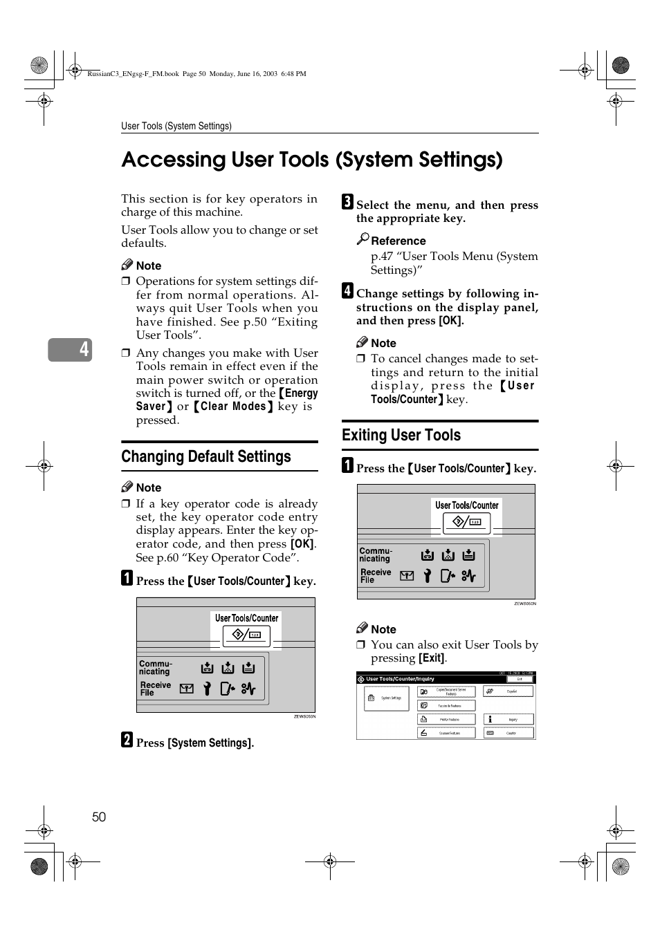 4accessing user tools (system settings), Changing default settings, Exiting user tools | Savin 2022 User Manual | Page 62 / 188