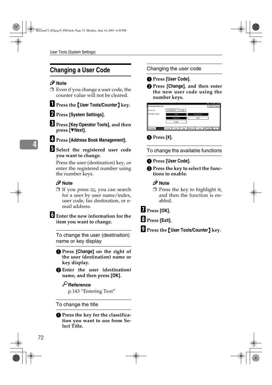 Changing a user code | Savin 2022 User Manual | Page 84 / 188