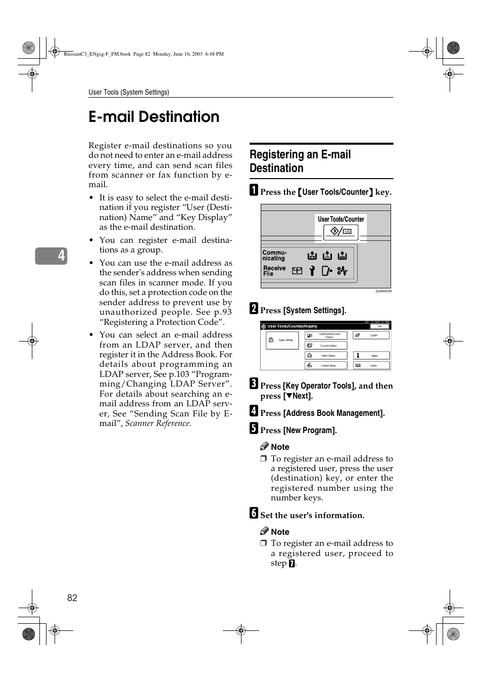 4e-mail destination, Registering an e-mail destination | Savin 2022 User Manual | Page 94 / 188