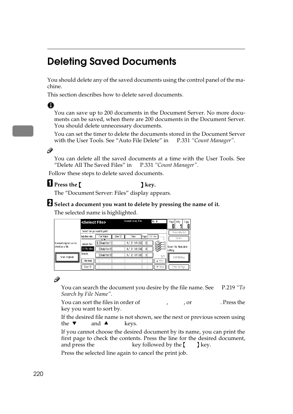 3deleting saved documents | Savin 2555 User Manual | Page 13 / 96