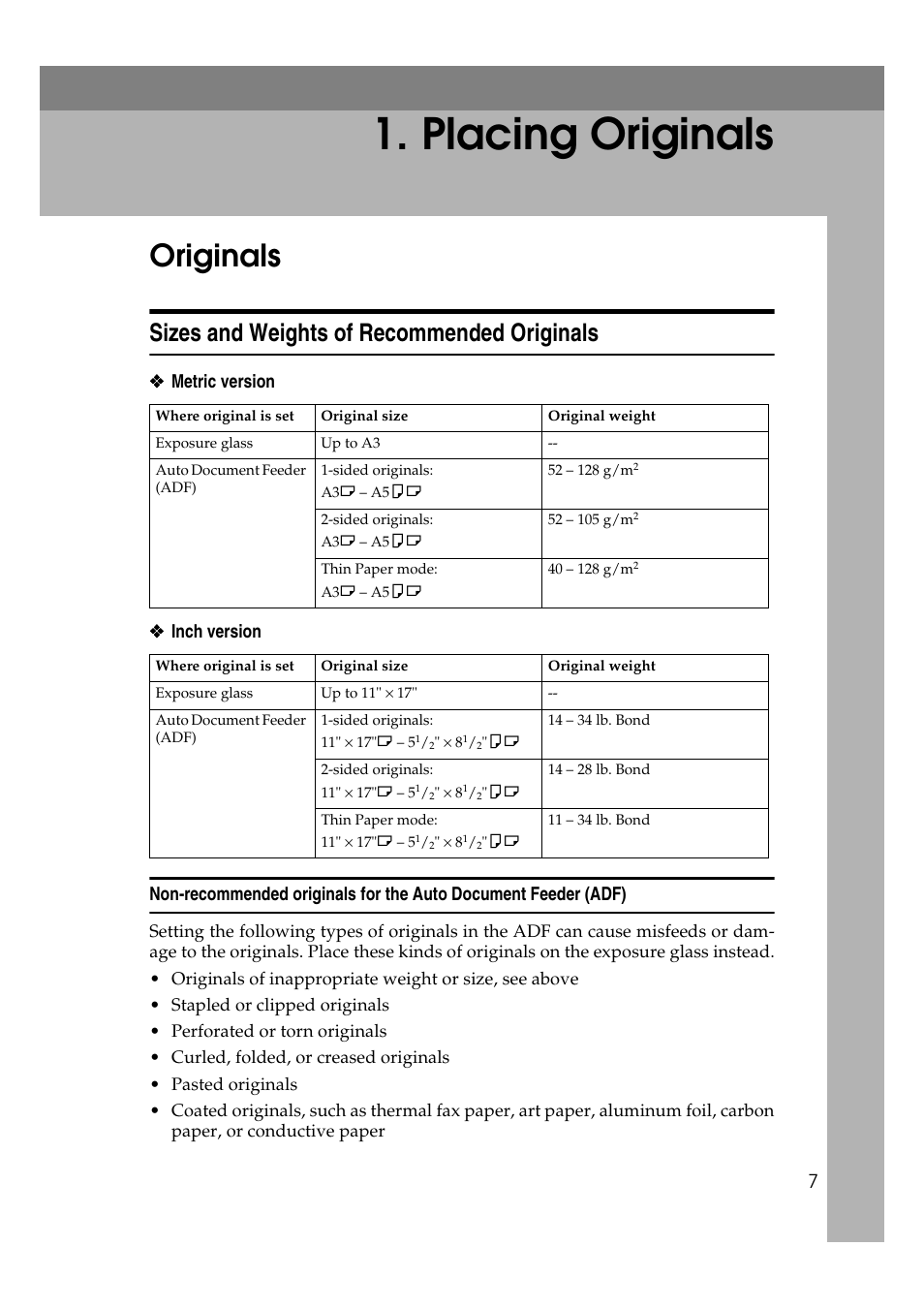 Placing originals, Originals, Sizes and weights of recommended originals | Savin 4090 User Manual | Page 17 / 81