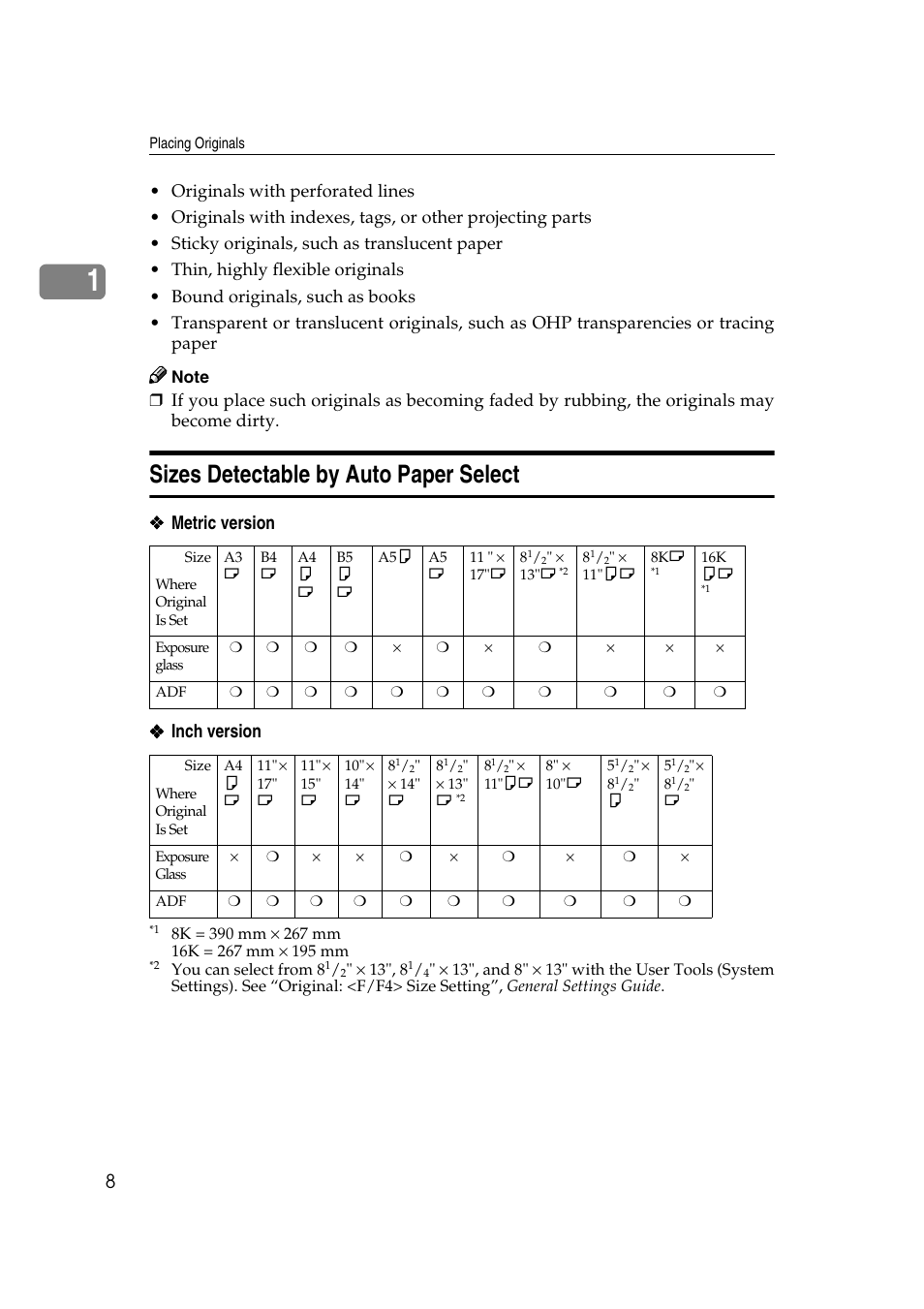 Sizes detectable by auto paper select, Metric version ❖ ❖ ❖ ❖ inch version | Savin 4090 User Manual | Page 18 / 81