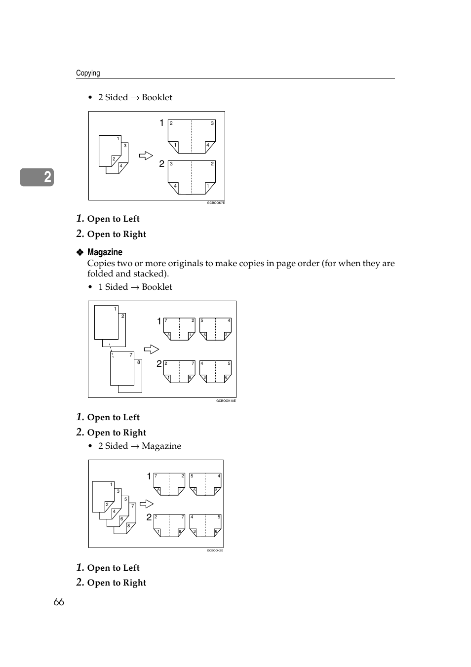 Magazine, 2 sided → booklet, Open to left | Open to right, Open to right • 2 sided → magazine | Savin 4090 User Manual | Page 76 / 81