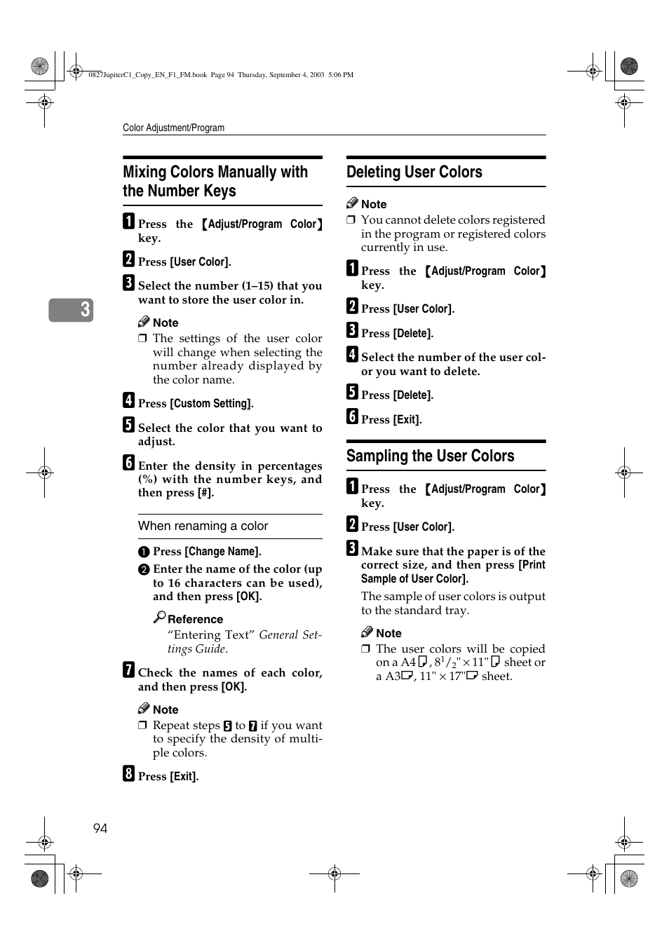 Mixing colors manually with the number keys, Deleting user colors, Sampling the user colors | Savin DSc332 User Manual | Page 108 / 160