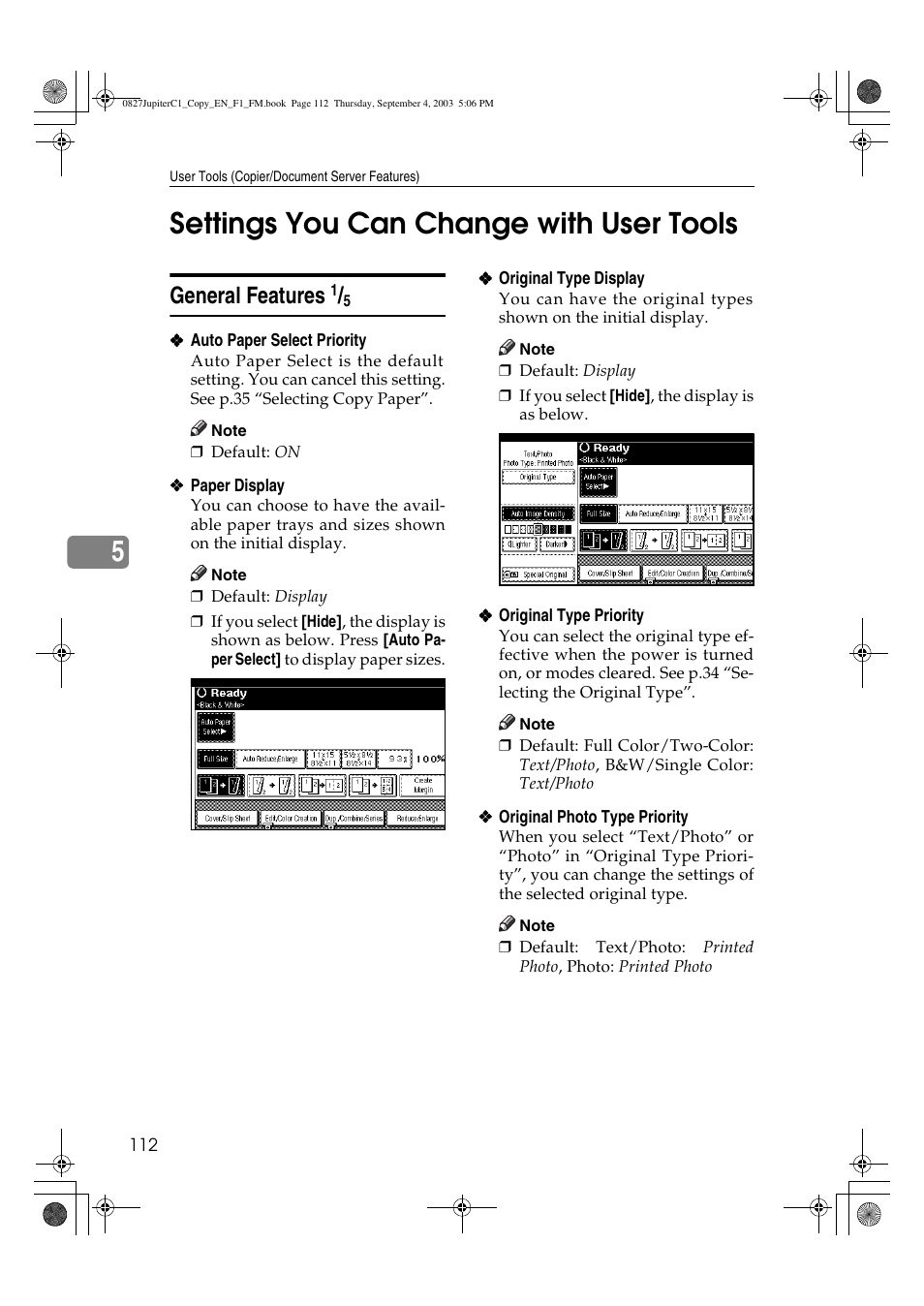 5settings you can change with user tools, General features | Savin DSc332 User Manual | Page 126 / 160