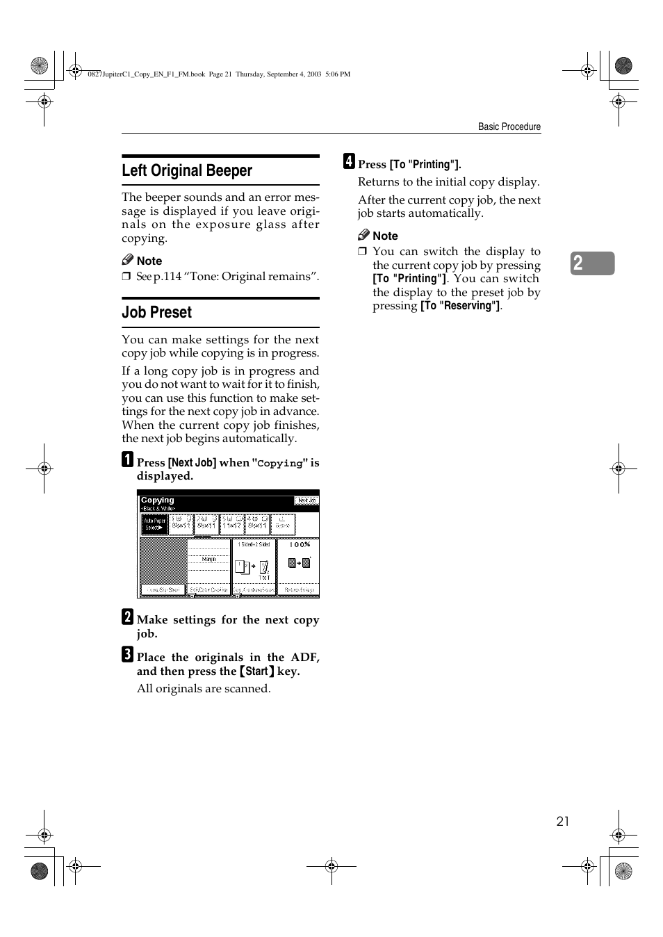 Left original beeper, Job preset | Savin DSc332 User Manual | Page 35 / 160