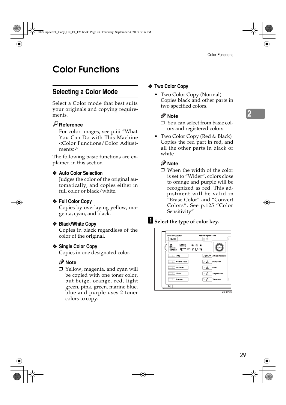 2color functions, Selecting a color mode | Savin DSc332 User Manual | Page 43 / 160