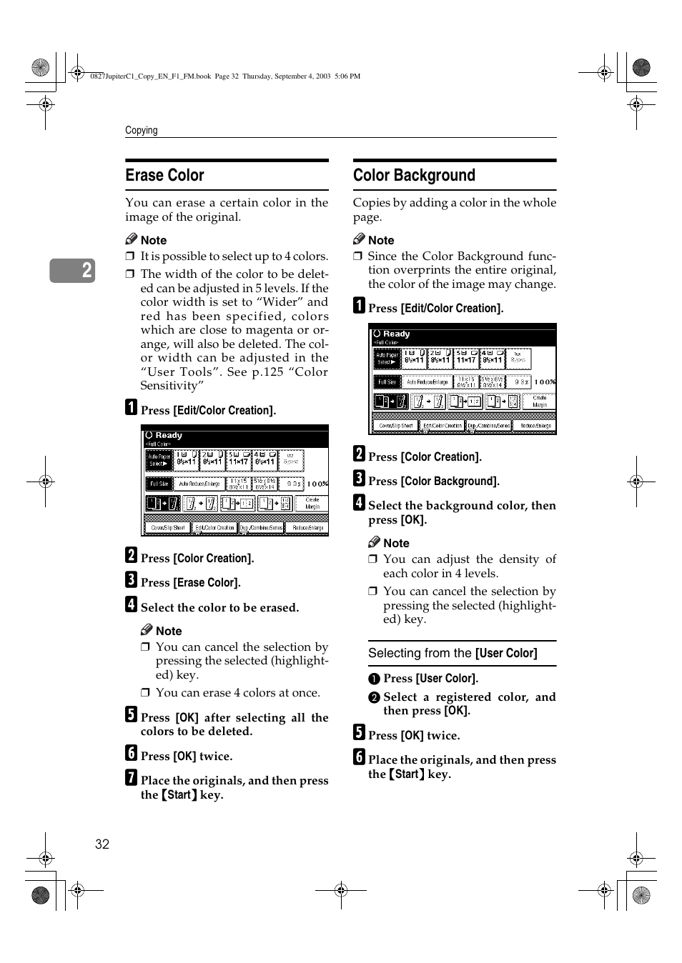Erase color, Color background | Savin DSc332 User Manual | Page 46 / 160