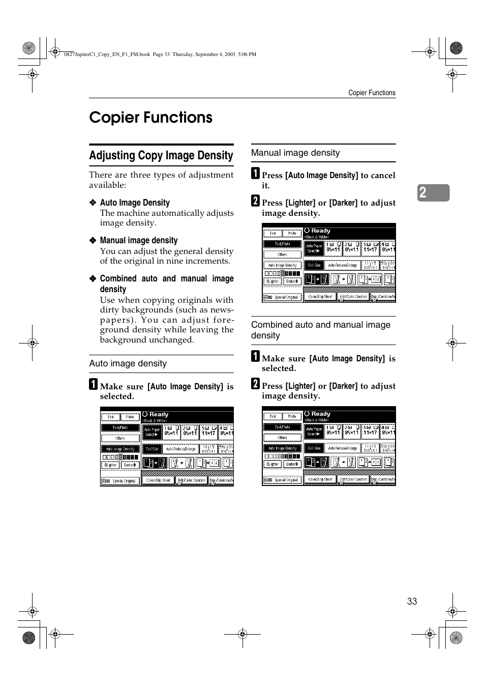 2copier functions, Adjusting copy image density | Savin DSc332 User Manual | Page 47 / 160