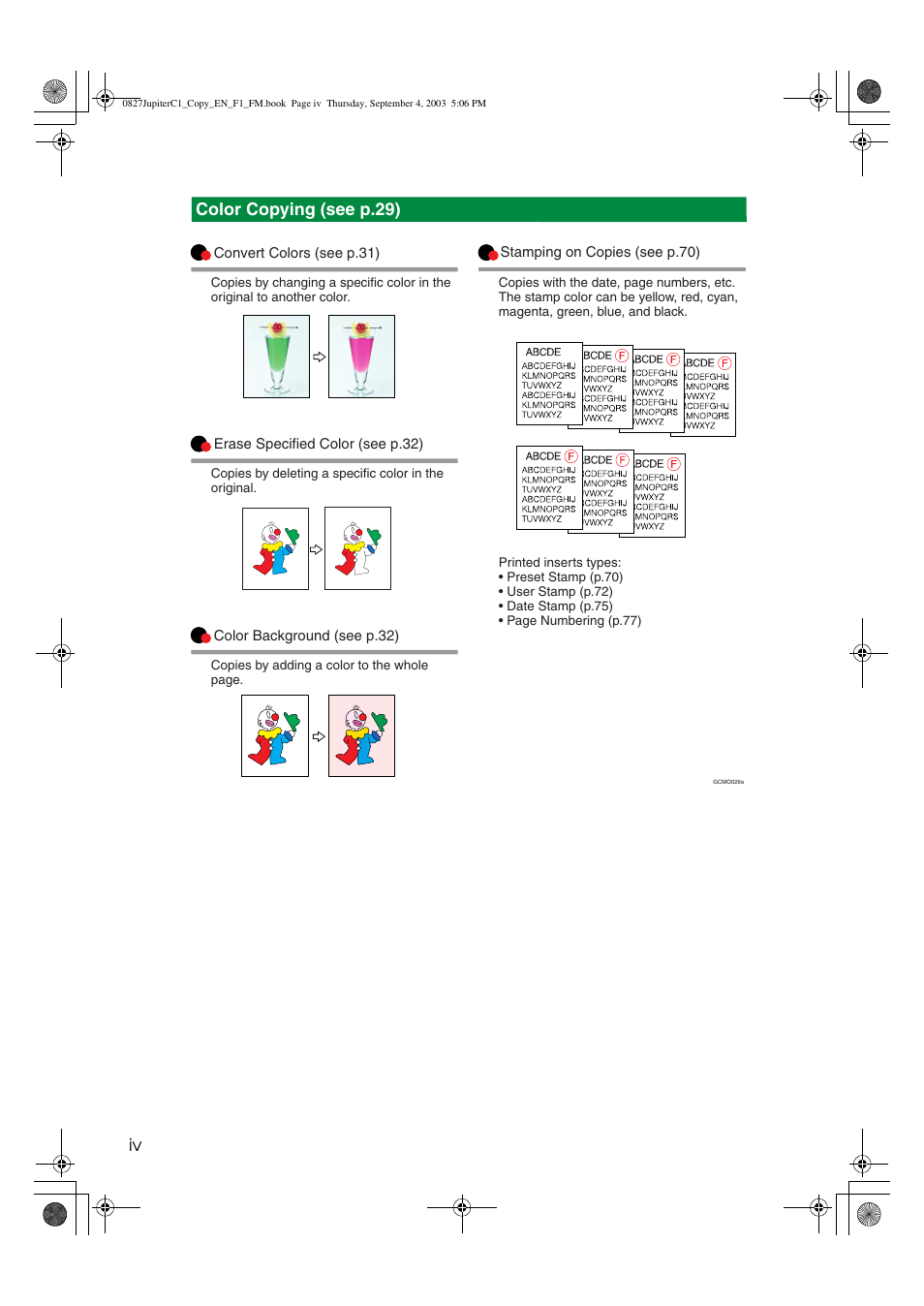 Iv color copying (see p.29) | Savin DSc332 User Manual | Page 6 / 160