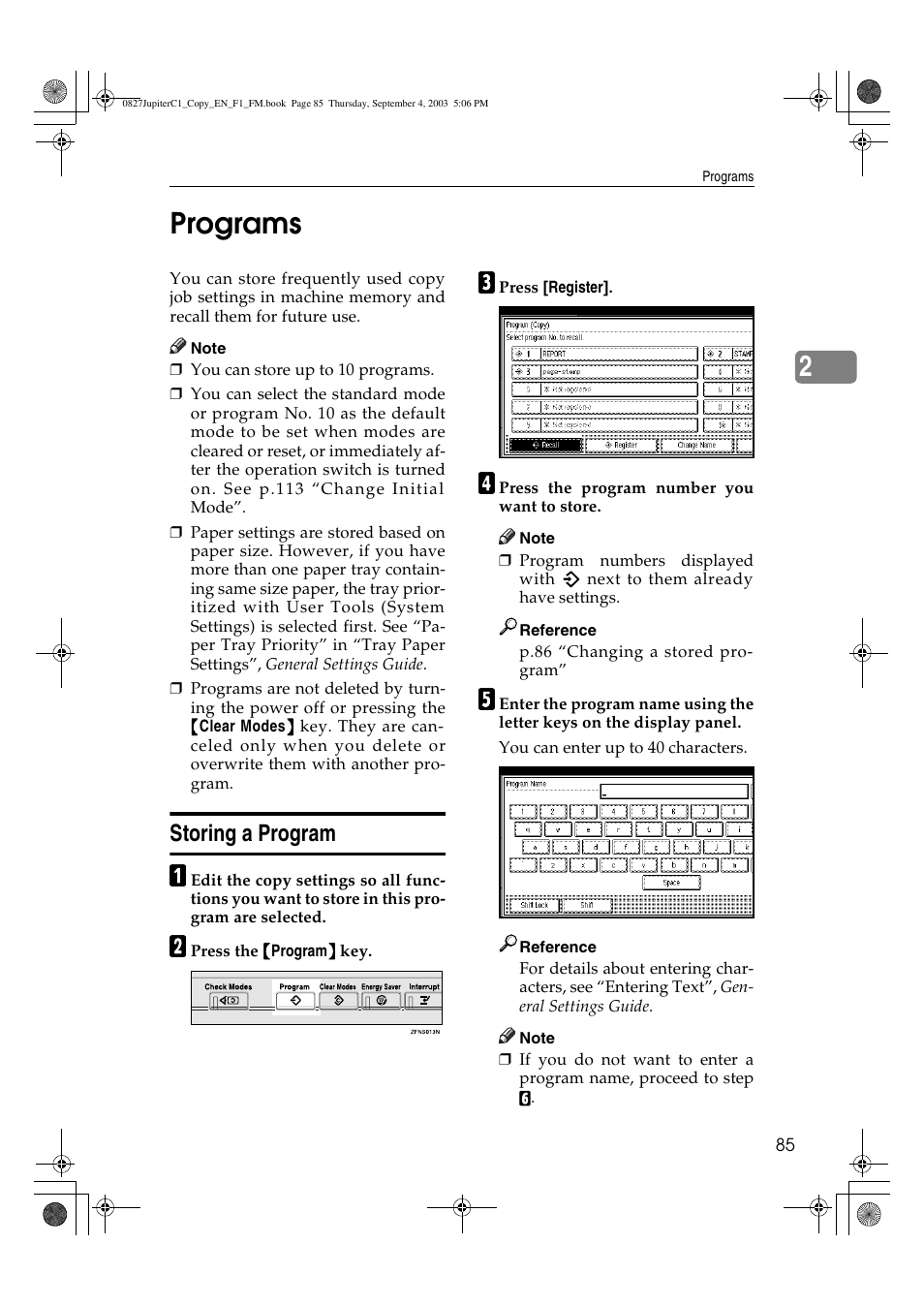 2programs, Storing a program | Savin DSc332 User Manual | Page 99 / 160