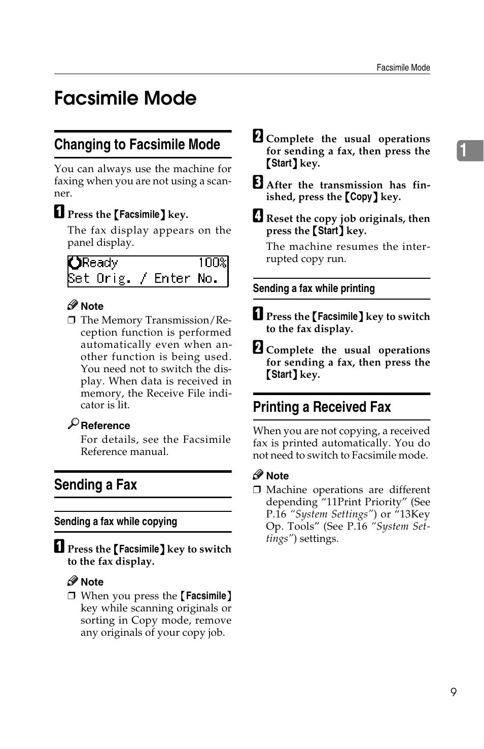 1facsimile mode, Changing to facsimile mode, Sending a fax | Printing a received fax | Savin 2518 User Manual | Page 15 / 32