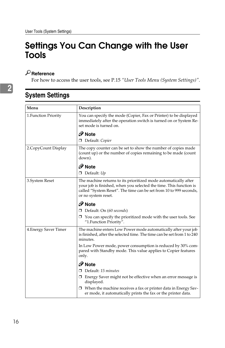 2settings you can change with the user tools, System settings | Savin 2518 User Manual | Page 22 / 32