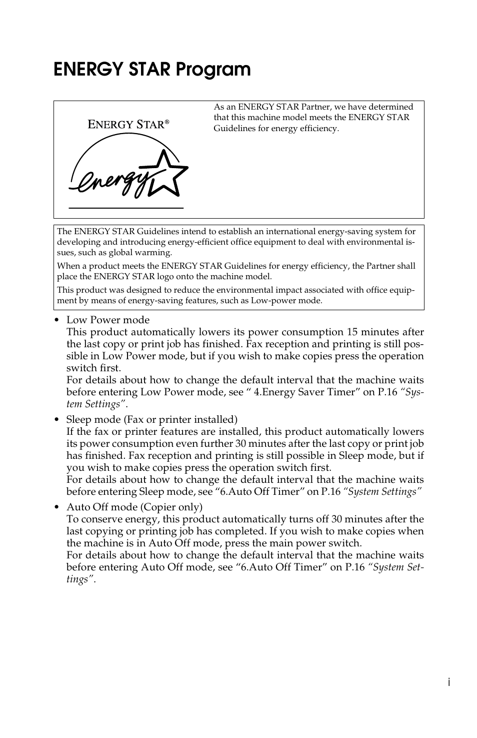 Energy star program | Savin 2518 User Manual | Page 3 / 32