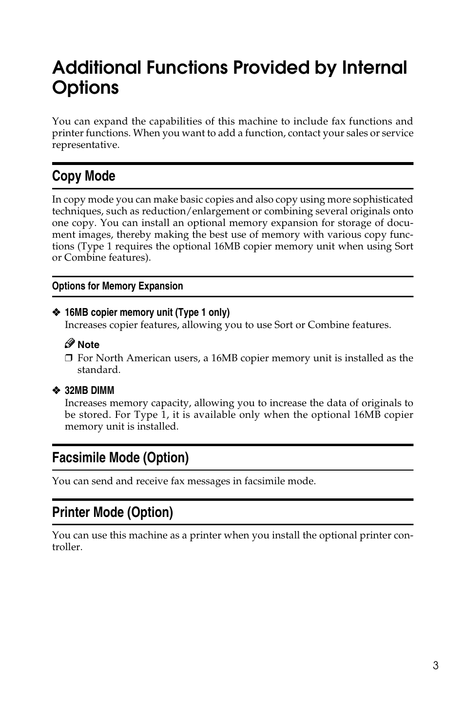 Additional functions provided by internal options, Copy mode, Facsimile mode (option) | Printer mode (option) | Savin 2518 User Manual | Page 9 / 32