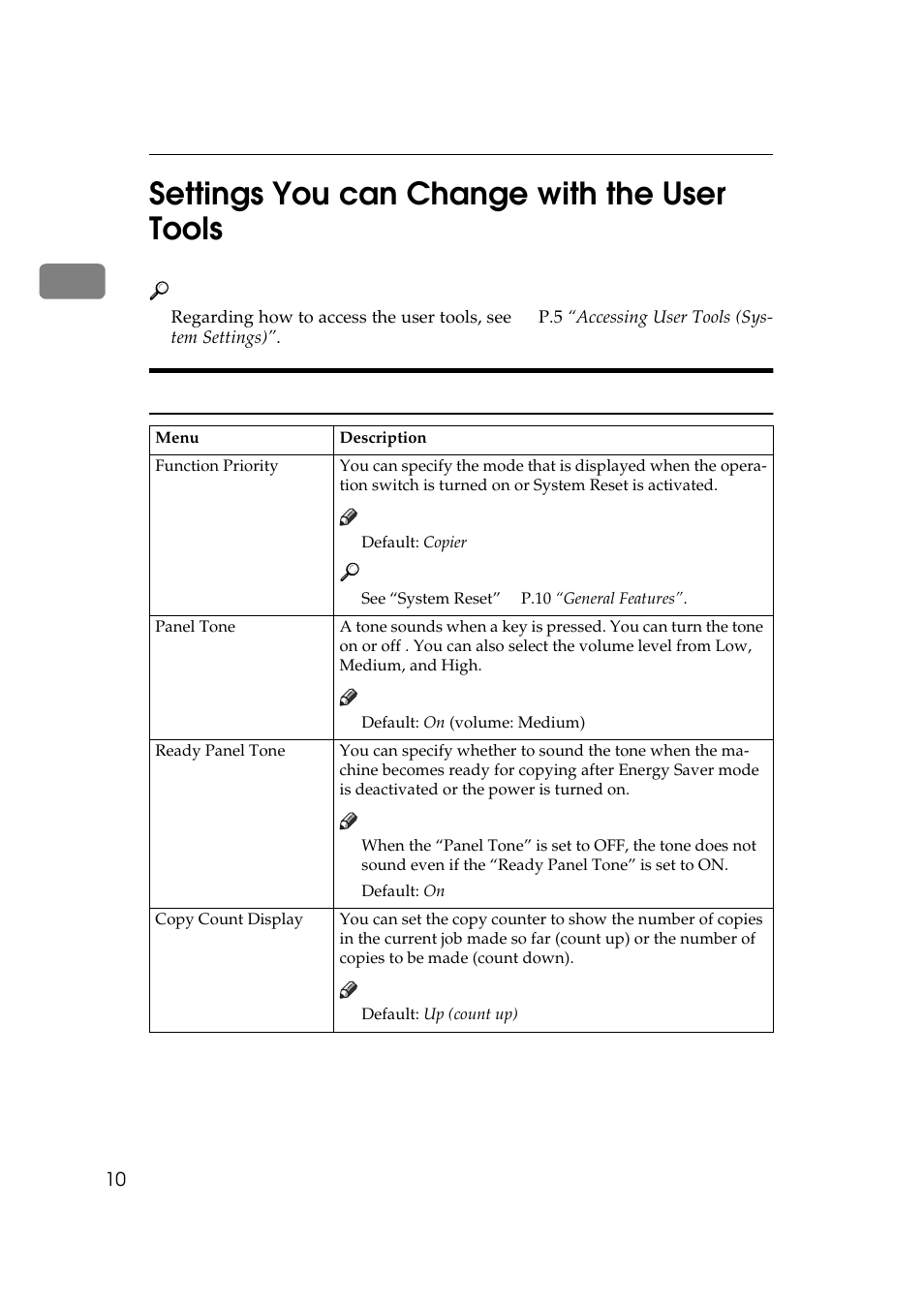 Settings you can change with the user tools, Regarding how to access the user tools, see, General features | Table, Table heading, Table row, Menu, Description, Table body, Function priority | Savin 10502 User Manual | Page 18 / 30