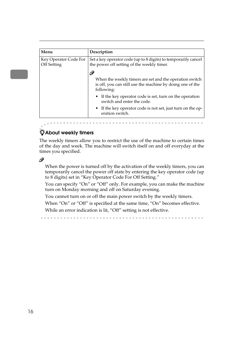 Table row, Key operator code for off setting, About weekly timers | Savin 10502 User Manual | Page 24 / 30