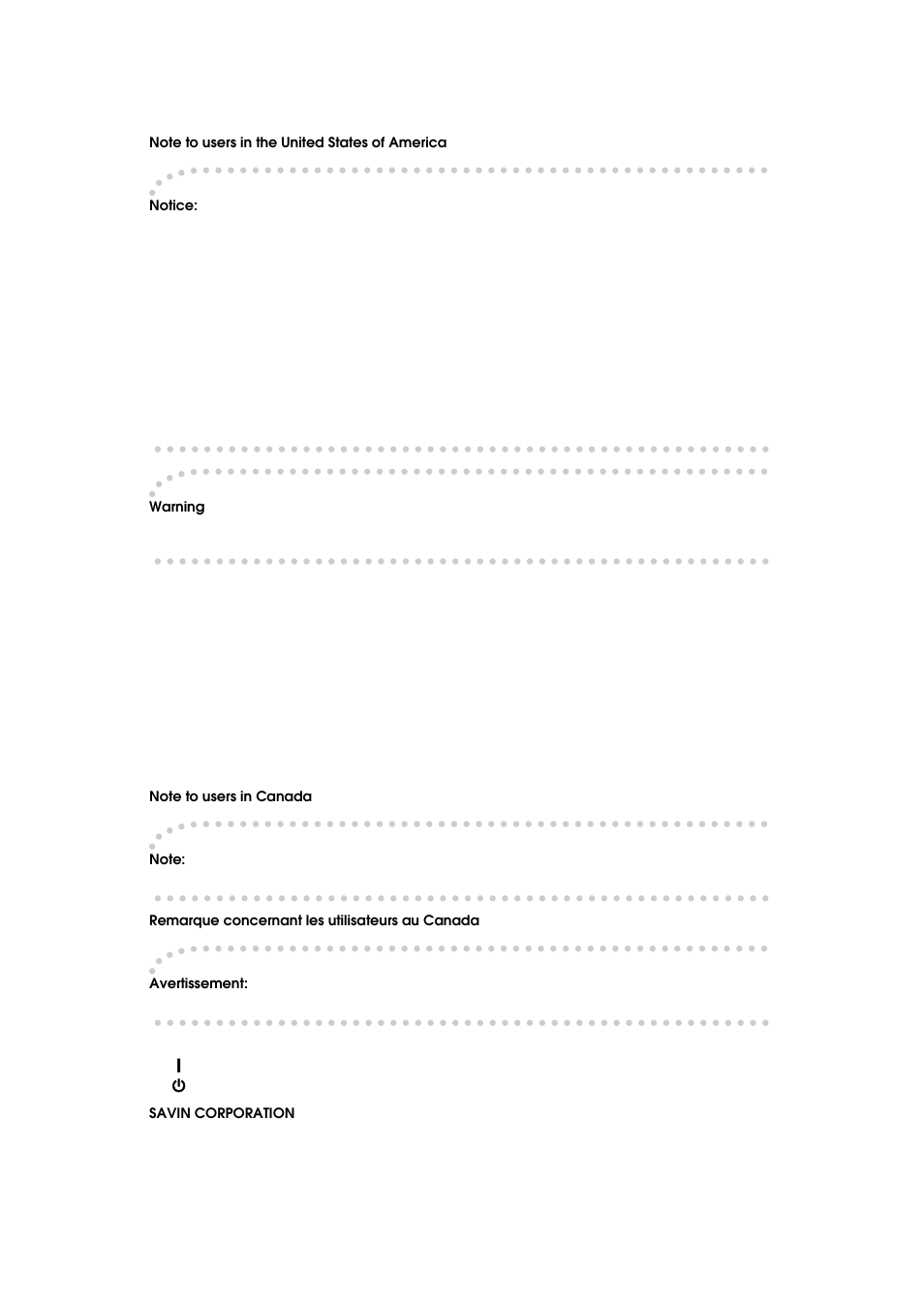 Note to users in the united states of america, Notice, Warning | This device complies with part 15 of fcc rules, Note to users in canada, Note, Remarque concernant les utilisateurs au canada, Avertissement, Savin corporation, 333 ludlow street, stamford, ct 06904 | Savin 10502 User Manual | Page 4 / 30