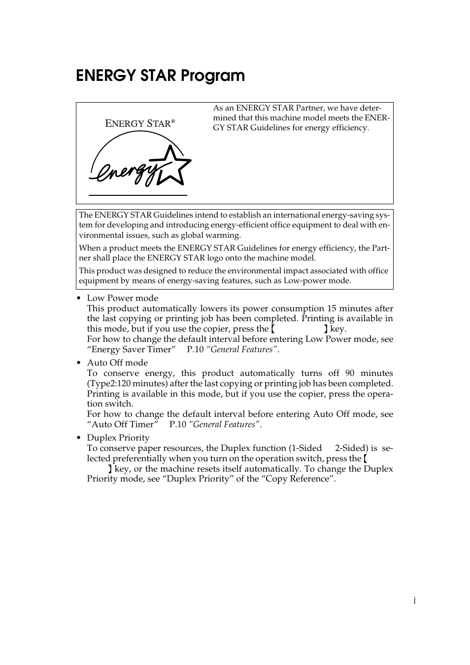 Energy star program, Table, Table body | Table row, Low power mode, Auto off mode, Duplex priority | Savin 10502 User Manual | Page 5 / 30